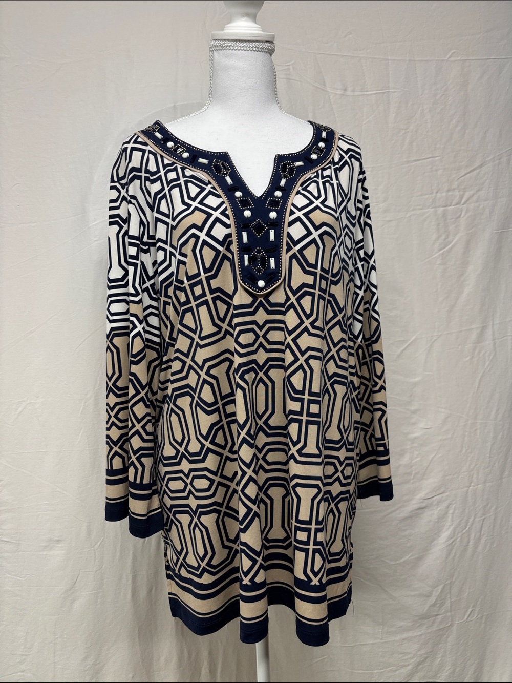 JM Collection Navy and Cream Geometric Embellished V-Neck Tunic